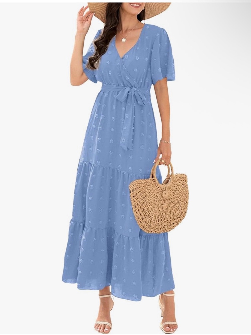 Women’s Light Blue Maxi Wrap Dress with Tie Waist